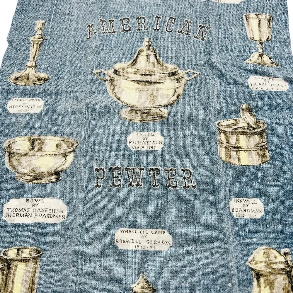 Kay Dee VTG 1950s MCM Hand Printed Linen Tea Towel Set American Pewter Kitchen‎